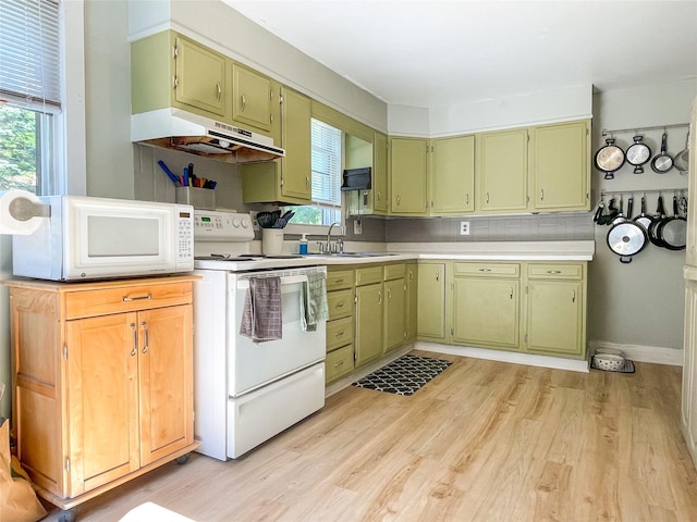 40 Cream St, Poughkeepsie, NY 12601 - kitchen featuring white appliances, green cabinets, under cabinet range hood, and a sink