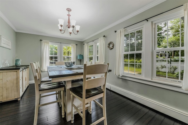 935 Harrison Dr, Centerport, NY 11721 - dining room with a baseboard heating unit, a chandelier, ornamental molding, dark wood finished floors, and baseboards