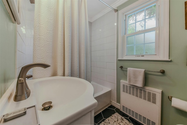 935 Harrison Dr, Centerport, NY 11721 - bathroom with radiator heating unit, ornamental molding, shower / bathtub combination with curtain, a sink, and tile patterned flooring