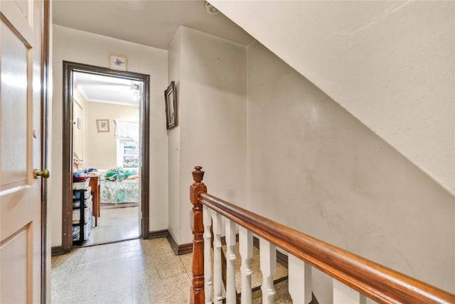 hall with baseboards and ornamental molding