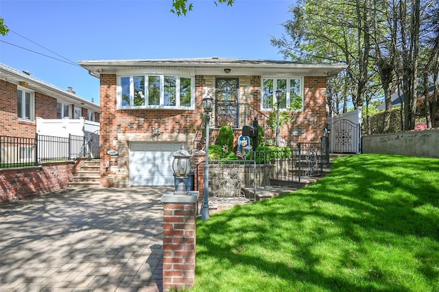 view of front of home with brick siding, a garage, and decorative driveway