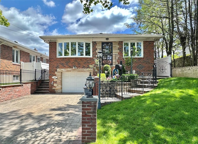 14-85 166th St, Whitestone, NY 11357 - view of front of house featuring decorative driveway, brick siding, an attached garage, and stairs