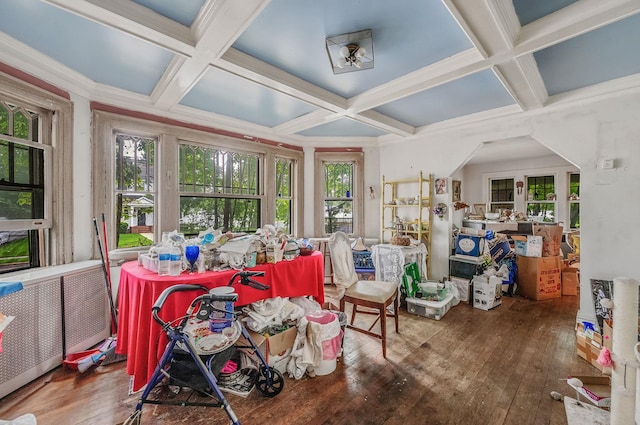 sunroom with coffered ceiling and beamed ceiling