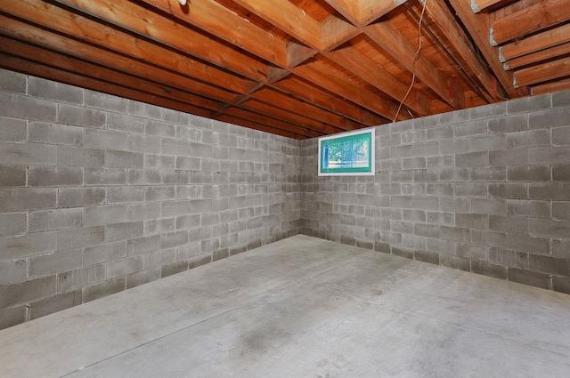below grade area featuring concrete block wall