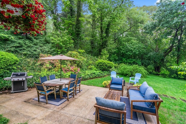 view of patio / terrace with a grill, outdoor lounge area, and outdoor dining area