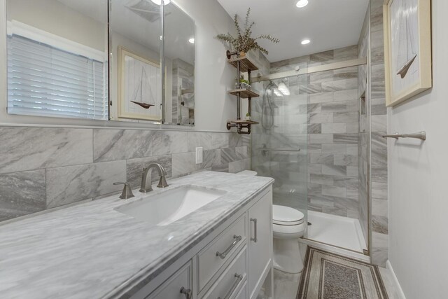 10 Falcon Pl, Huntington, NY 11743 - full bathroom with vanity, toilet, a stall shower, and recessed lighting