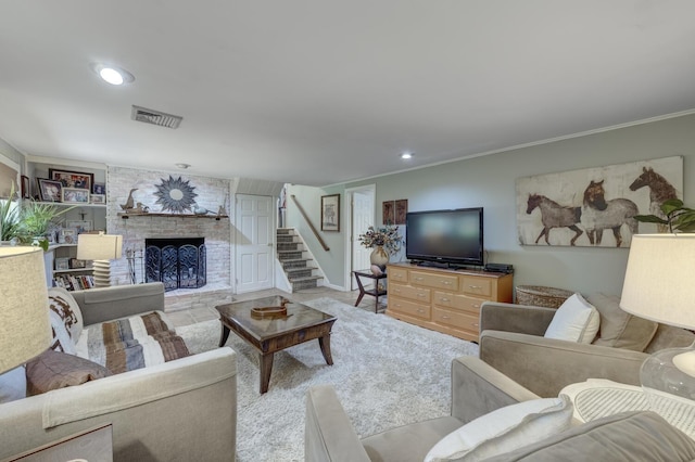 10 Falcon Pl, Huntington, NY 11743 - living room featuring stairway, crown molding, a fireplace, recessed lighting, and baseboards