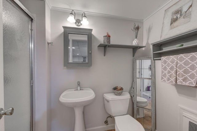 10 Falcon Pl, Huntington, NY 11743 - bathroom with toilet, crown molding, and a shower with shower door