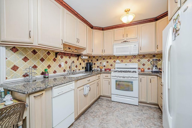 2265 Gerritsen Ave Unit 5C, Brooklyn, NY 11229 - kitchen with white appliances, a sink, decorative backsplash, and light stone countertops