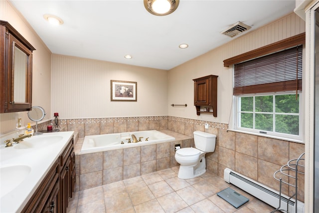 17 Stonegate Dr, Hyde Park, NY 12538 - full bathroom featuring a baseboard radiator, toilet, a garden tub, tile patterned floors, and double vanity