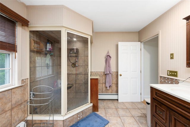 17 Stonegate Dr, Hyde Park, NY 12538 - full bathroom with baseboard heating, vanity, a shower stall, and tile patterned floors