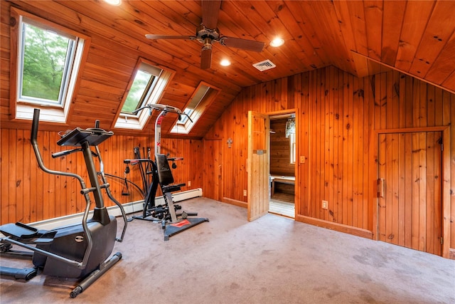 17 Stonegate Dr, Hyde Park, NY 12538 - workout area with vaulted ceiling, a skylight, carpet, wooden walls, and a ceiling fan