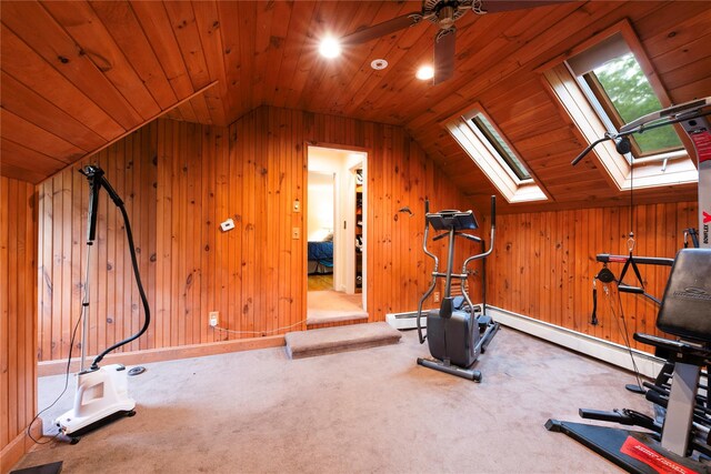 17 Stonegate Dr, Hyde Park, NY 12538 - workout area featuring vaulted ceiling, a skylight, wooden walls, ceiling fan, and a baseboard radiator