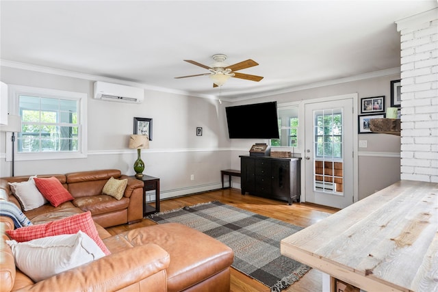 85 Shore Rd, Amityville, NY 11701 - living area with a baseboard radiator, a wall unit AC, ceiling fan, wood finished floors, and ornamental molding