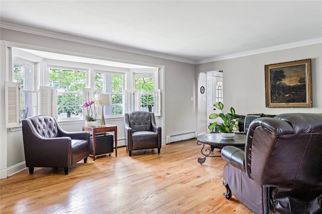 85 Shore Rd, Amityville, NY 11701 - living room with baseboard heating, a baseboard heating unit, ornamental molding, and light wood finished floors