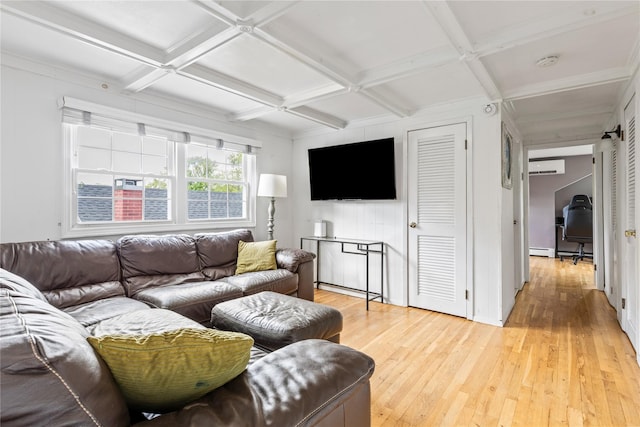85 Shore Rd, Amityville, NY 11701 - living area with a wall mounted AC, coffered ceiling, a baseboard heating unit, light wood-style flooring, and beam ceiling