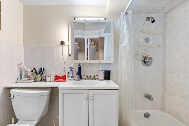 25-36 83rd St, East Elmhurst, NY 11370 - bathroom featuring tile walls, vanity, toilet, and shower / tub combo with curtain