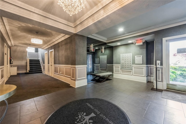 1175 E Broadway Unit 2J, Hewlett, NY 11557 - community lobby with ornamental molding, a decorative wall, stairs, wainscoting, and recessed lighting