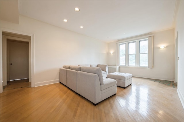 1175 E Broadway Unit 2J, Hewlett, NY 11557 - living room featuring baseboards, light wood-style floors, recessed lighting, and crown molding
