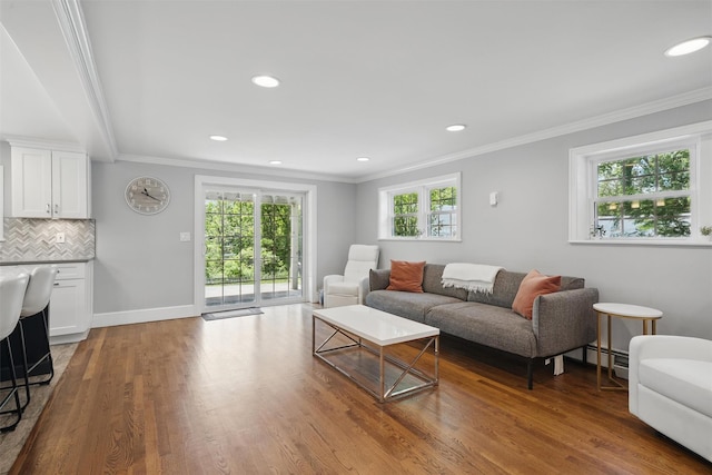 8 Clinton Ct, Monroe, NY 10950 - living area with ornamental molding, wood finished floors, recessed lighting, baseboards, and a baseboard radiator