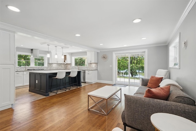 8 Clinton Ct, Monroe, NY 10950 - living area with light wood-type flooring, crown molding, recessed lighting, and baseboards