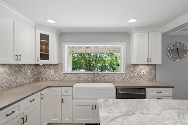8 Clinton Ct, Monroe, NY 10950 - kitchen featuring dishwasher, white cabinetry, a sink, glass insert cabinets, and light stone counters