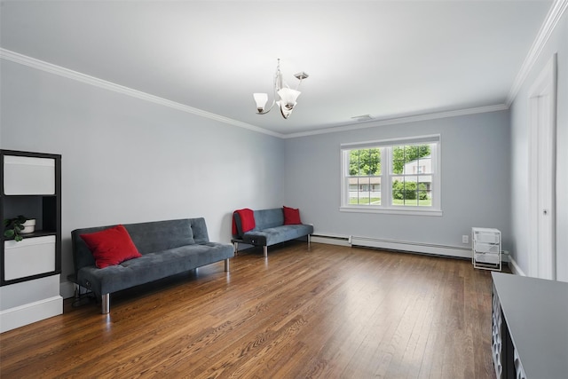 8 Clinton Ct, Monroe, NY 10950 - living area featuring a baseboard heating unit, dark wood-style floors, a chandelier, crown molding, and baseboards