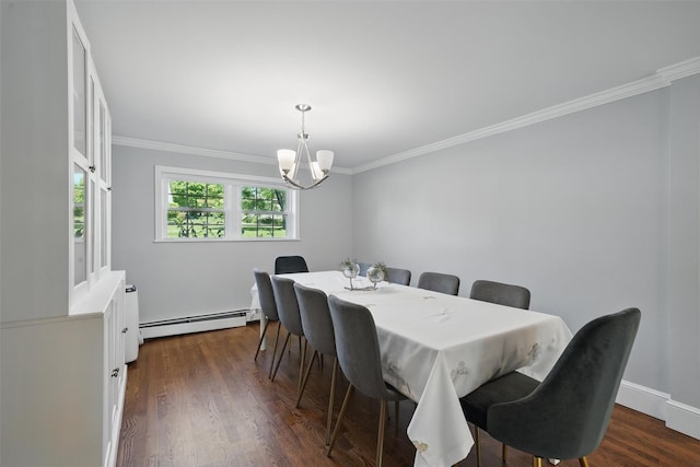 8 Clinton Ct, Monroe, NY 10950 - dining space featuring a baseboard radiator, a chandelier, crown molding, and dark wood finished floors