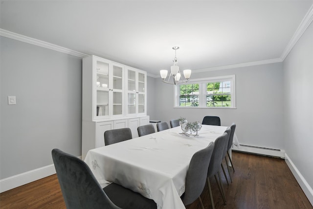 8 Clinton Ct, Monroe, NY 10950 - dining room with baseboard heating, a chandelier, baseboards, ornamental molding, and dark wood-style floors