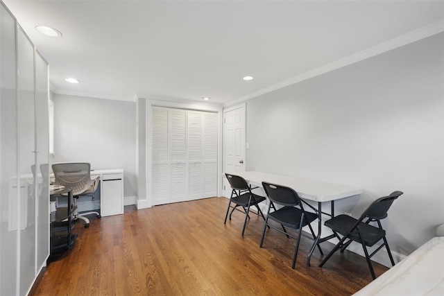 8 Clinton Ct, Monroe, NY 10950 - office area featuring crown molding, recessed lighting, wood finished floors, and baseboards