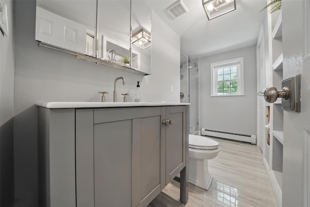 8 Clinton Ct, Monroe, NY 10950 - bathroom with baseboard heating, a shower, toilet, vanity, and wood finished floors