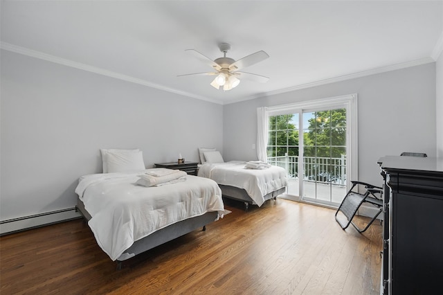 8 Clinton Ct, Monroe, NY 10950 - bedroom featuring access to exterior, ornamental molding, wood finished floors, a baseboard heating unit, and ceiling fan