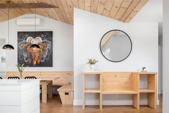 2865 S Harbor Rd, Southold, NY 11971 - detailed view of wood finished floors, wooden ceiling, and a wall mounted air conditioner