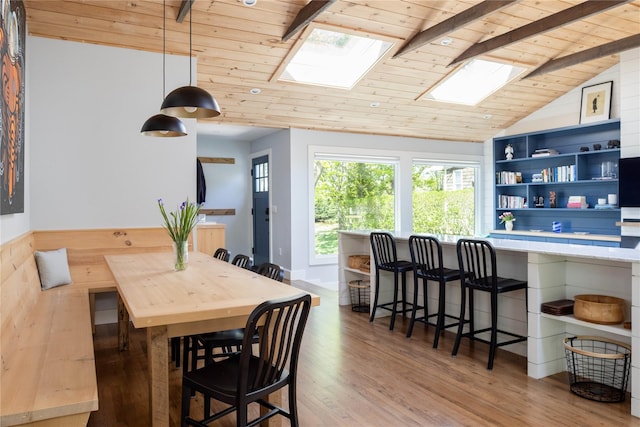 2865 S Harbor Rd, Southold, NY 11971 - dining space featuring a skylight, wooden ceiling, and wood finished floors