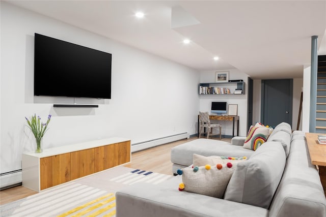 2865 S Harbor Rd, Southold, NY 11971 - living area featuring baseboard heating, stairway, light wood-style floors, recessed lighting, and a baseboard heating unit