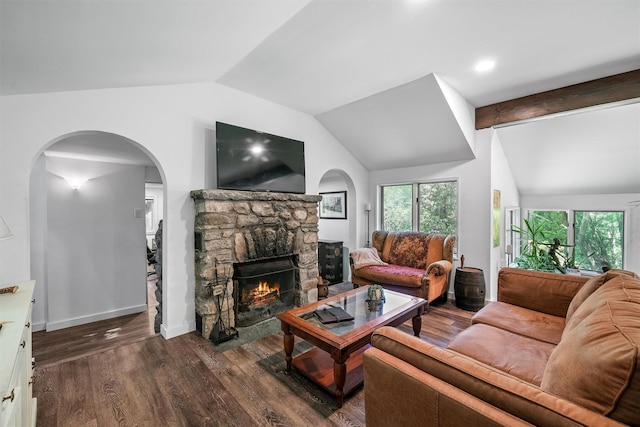 42 Raspberry Ln, Carmel, NY 10512 - living room with vaulted ceiling, a fireplace, healthy amount of natural light, dark wood-style floors, and recessed lighting