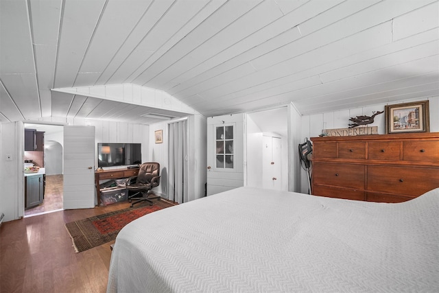 42 Raspberry Ln, Carmel, NY 10512 - bedroom featuring lofted ceiling, wood finished floors, wooden ceiling, and wooden walls