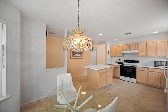 kitchen featuring electric range oven, under cabinet range hood, light brown cabinetry, light countertops, and recessed lighting