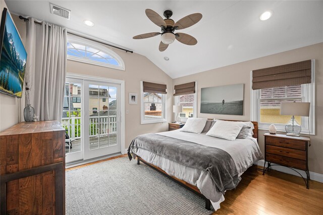 49 Oregon St, Long Beach, NY 11561 - bedroom with access to exterior, vaulted ceiling, wood finished floors, baseboards, and a ceiling fan