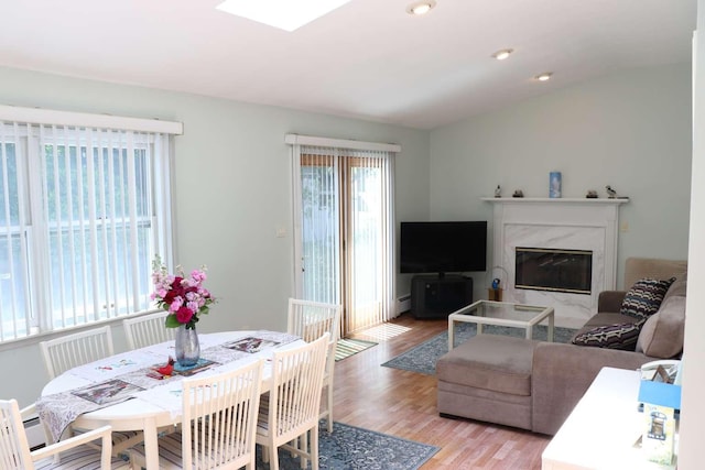 living area featuring light wood finished floors, a fireplace, and a baseboard radiator