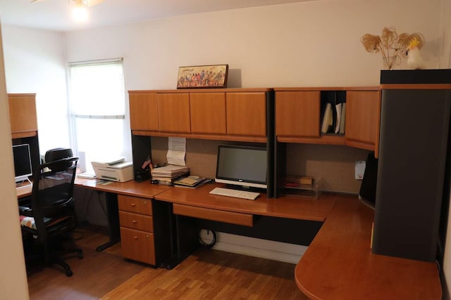 office space featuring light wood-type flooring and ceiling fan