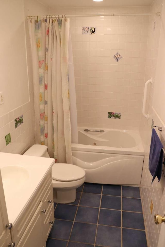 full bath featuring tile patterned floors, shower / bathtub combination with curtain, toilet, and vanity