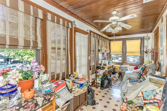 sunroom / solarium with ornamental molding, tile patterned floors, and wood ceiling
