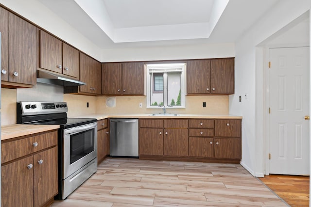 90 Cocks Ln, Locust Valley, NY 11560 - kitchen with appliances with stainless steel finishes, under cabinet range hood, a sink, light wood-type flooring, and light countertops