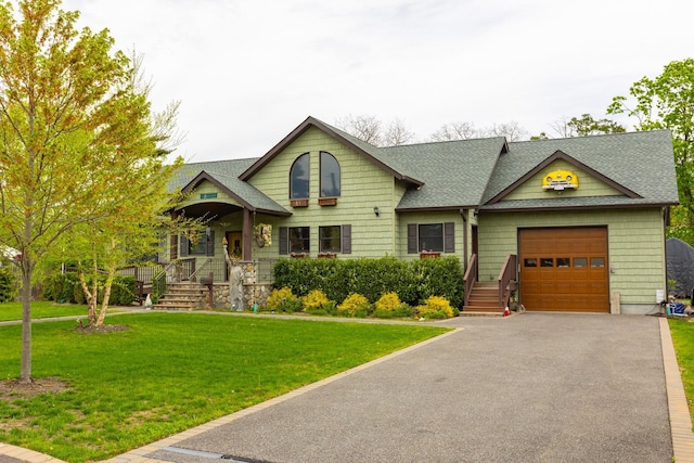 view of front of house featuring a garage, a shingled roof, a front yard, and asphalt driveway