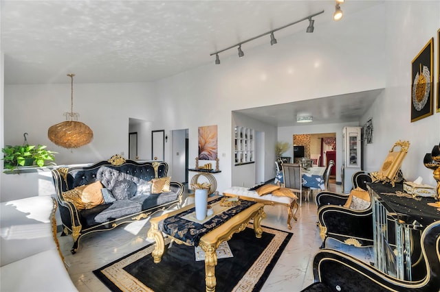 2A Belmont Ave Unit A, Plainview, NY 11803 - living room featuring marble tiled flooring, track lighting, and high vaulted ceiling
