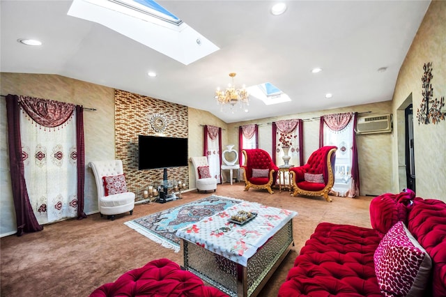 2A Belmont Ave Unit A, Plainview, NY 11803 - carpeted living area featuring a skylight, lofted ceiling, a chandelier, a wall mounted AC, and recessed lighting