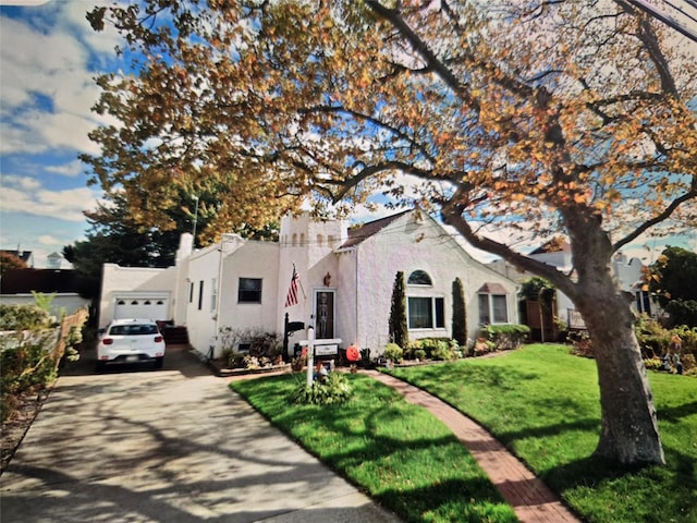 12 Bay Front Dr, Baldwin, NY 11510 - mediterranean / spanish-style house with driveway, a front lawn, a garage, and stucco siding
