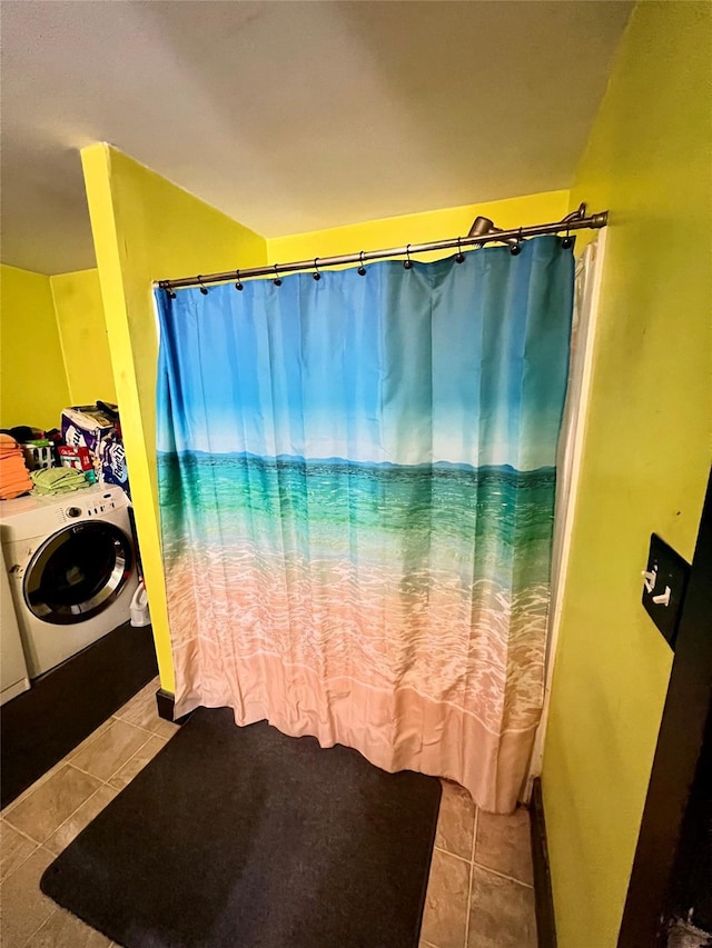 24 Rte 217, Hudson, NY 12534 - bathroom featuring washer and dryer, tile patterned flooring, and a shower with shower curtain