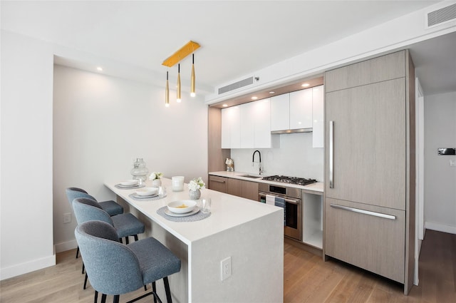 kitchen featuring appliances with stainless steel finishes, a kitchen breakfast bar, modern cabinets, light wood-type flooring, and light countertops
